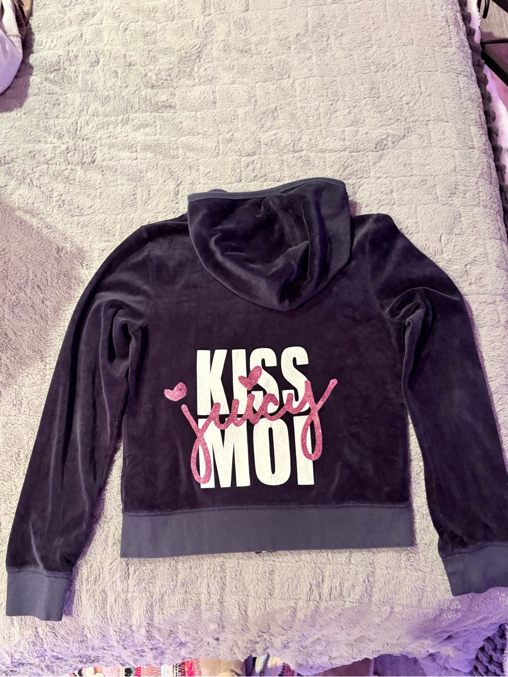 RARE VINTAGE JUICY Black Velour 'Kiss Moi Juicy' Graphic Hoodie with Pink Accent